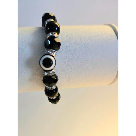 Two Stretchy Black Bracelets with Silver Toned Spacers - Picture 3 of 11
